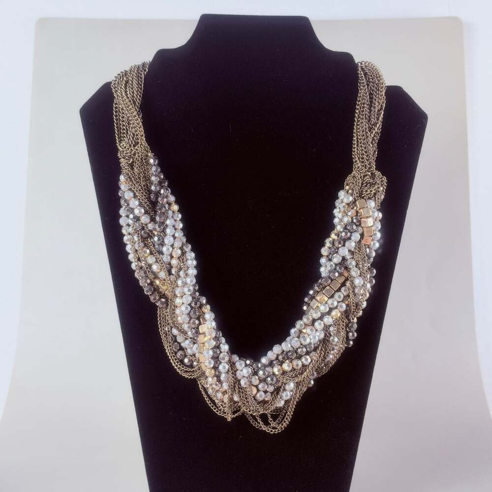 bebe Statement Necklace Multi Strand Braided Chain Beaded Bronze Silver Gold